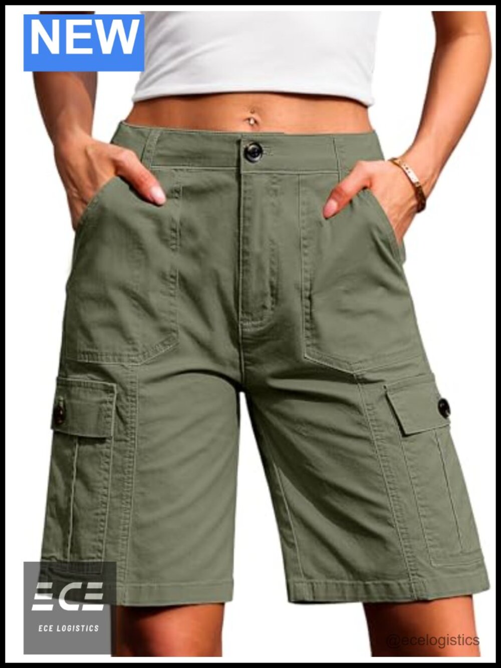 High Waisted Bermuda Cargo Shorts 9 Inseam Cotton Blend 6 Pockets Women